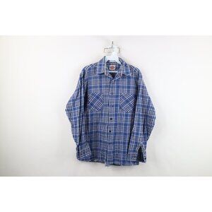 Vintage 70s Dickies Mens Medium Faded Flannel Collared Button Shirt Blue Plaid